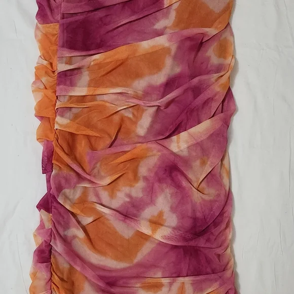 ZARA Tie Dye Strapless Midi Dress Womens Small Pink Orange Tulle - Picture 6 of 11